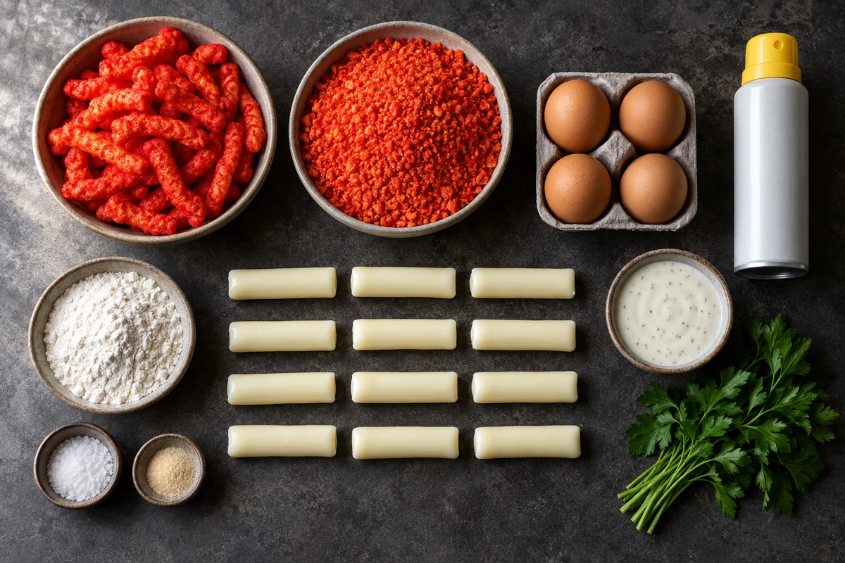 Spicy cheese curls and crumbs, twelve mozzarella sticks, flour, four eggs, seasonings, cooking spray, parsley, and dip