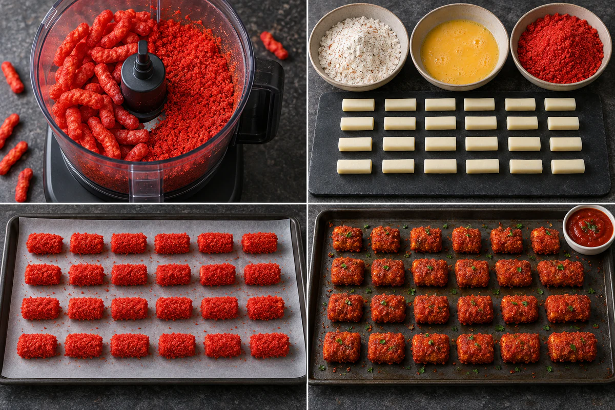 Four stages showing crumbs, three coating bowls and 24 cheese pieces, 24 frozen coated pieces, and 24 air-fried sticks