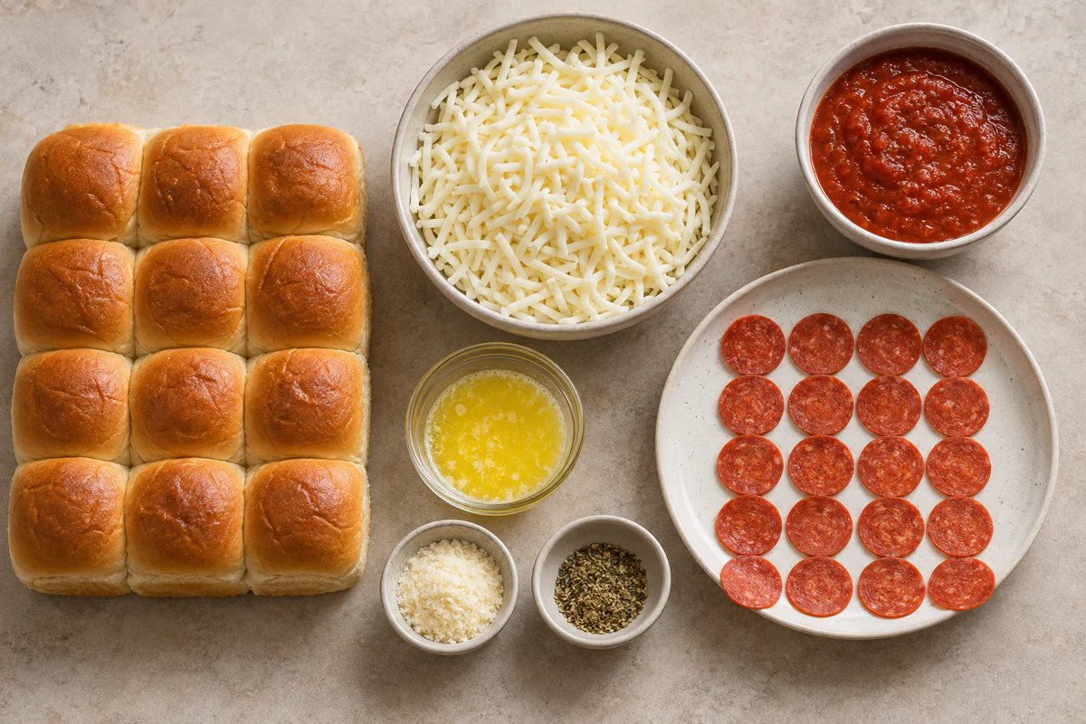 Twelve Hawaiian rolls, mozzarella, pizza sauce, twenty pepperoni slices, butter, Parmesan, and Italian seasoning