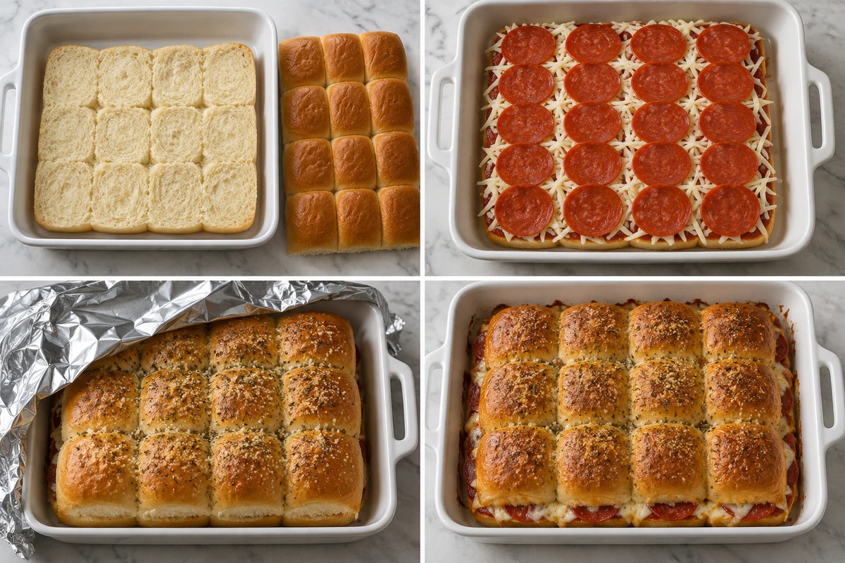 Four stages showing split rolls, twenty pepperoni over sauce and cheese, seasoned covered buns, and twelve baked sliders