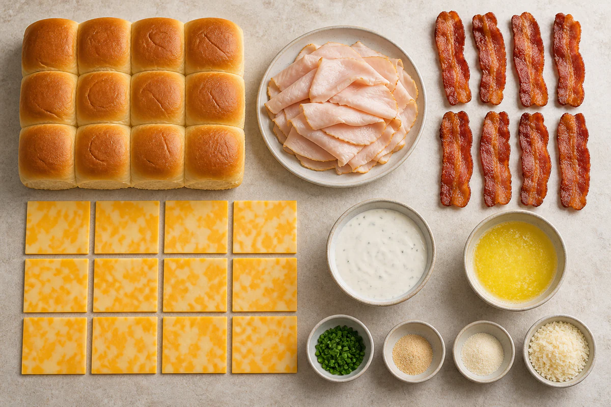Twelve potato rolls, chicken, eight to ten bacon slices, twelve Colby Jack slices, ranch, seasoned butter ingredients, and Parmesan
