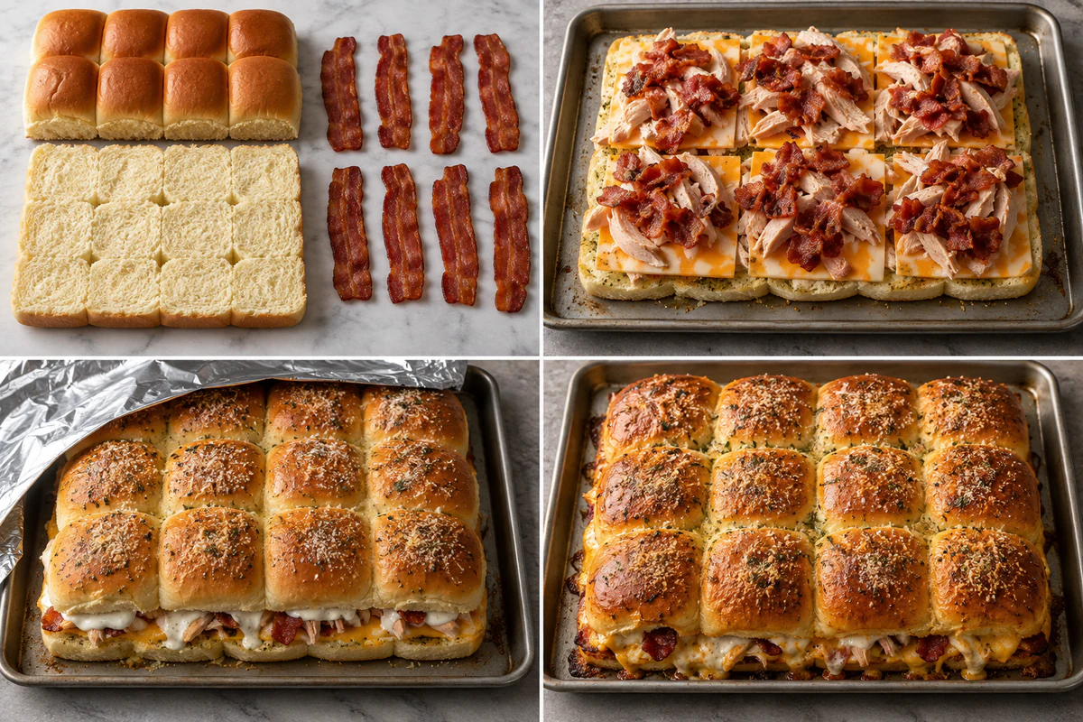 Four stages showing twelve rolls split, layered with chicken bacon and cheese, brushed with seasoned butter, and baked