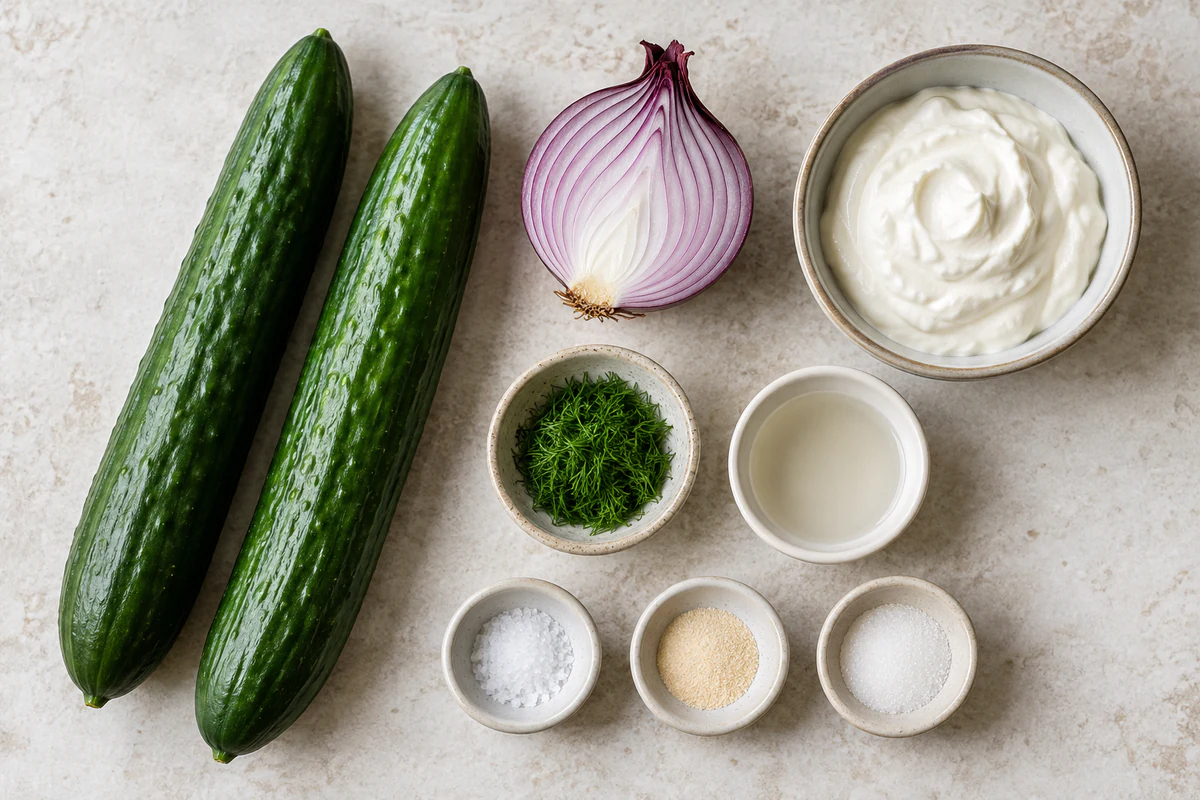 Two English cucumbers, half red onion, sour cream, fresh dill, white vinegar, salt, garlic powder, and sugar