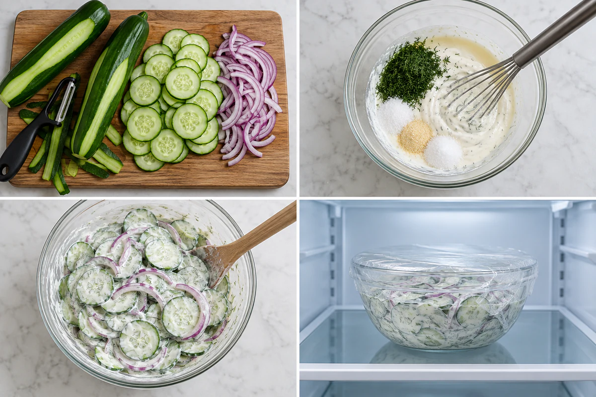 Four stages showing two cucumbers peeled and sliced, creamy dill dressing mixed, salad coated, and the covered bowl chilled