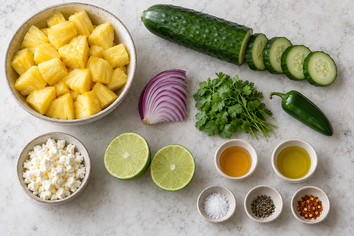 Fresh pineapple, one English cucumber, quarter red onion, cilantro, jalapeño, feta, lime, honey, olive oil, salt, pepper, and red pepper flakes