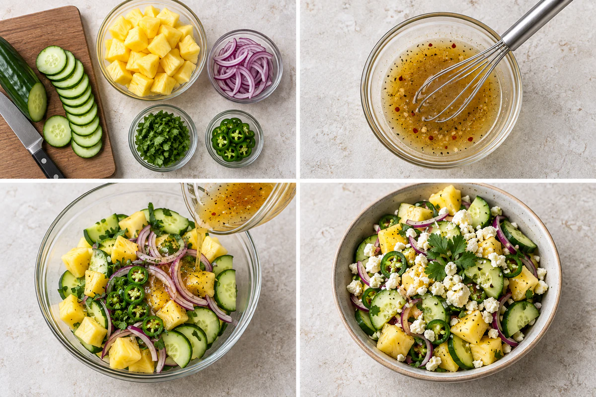 Four stages showing pineapple and cucumber prepared, lime dressing whisked, salad tossed, and optional feta added