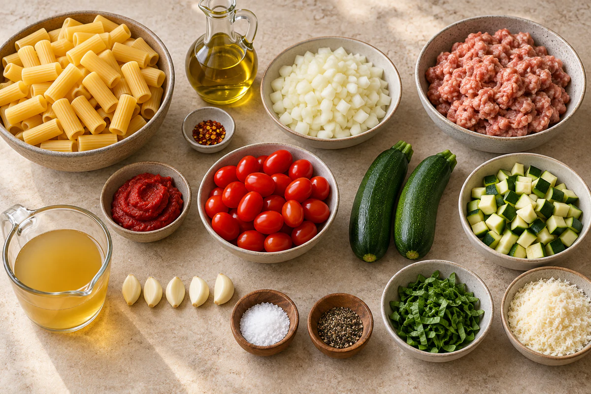 Rigatoni, Italian sausage, five garlic cloves, two zucchini, grape tomatoes, onion, tomato paste, wine, basil, olive oil, and seasonings