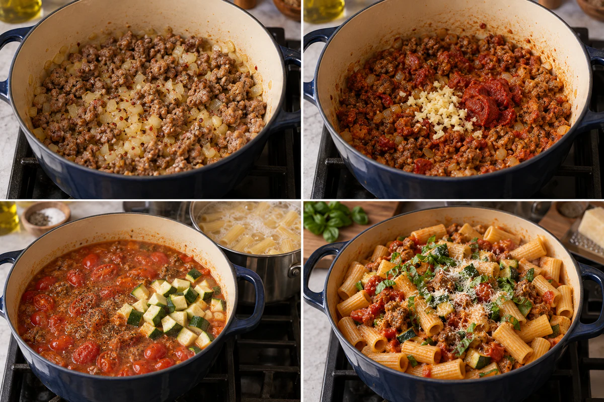 Four stages showing sausage and onion browning, tomato sauce cooking, rigatoni boiling, and pasta tossed with zucchini and basil