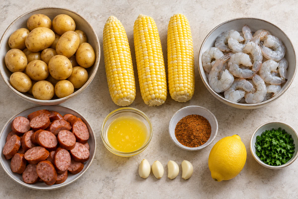 Baby potatoes, three corn ears, shrimp, andouille sausage, butter, four garlic cloves, Old Bay, one lemon, and parsley