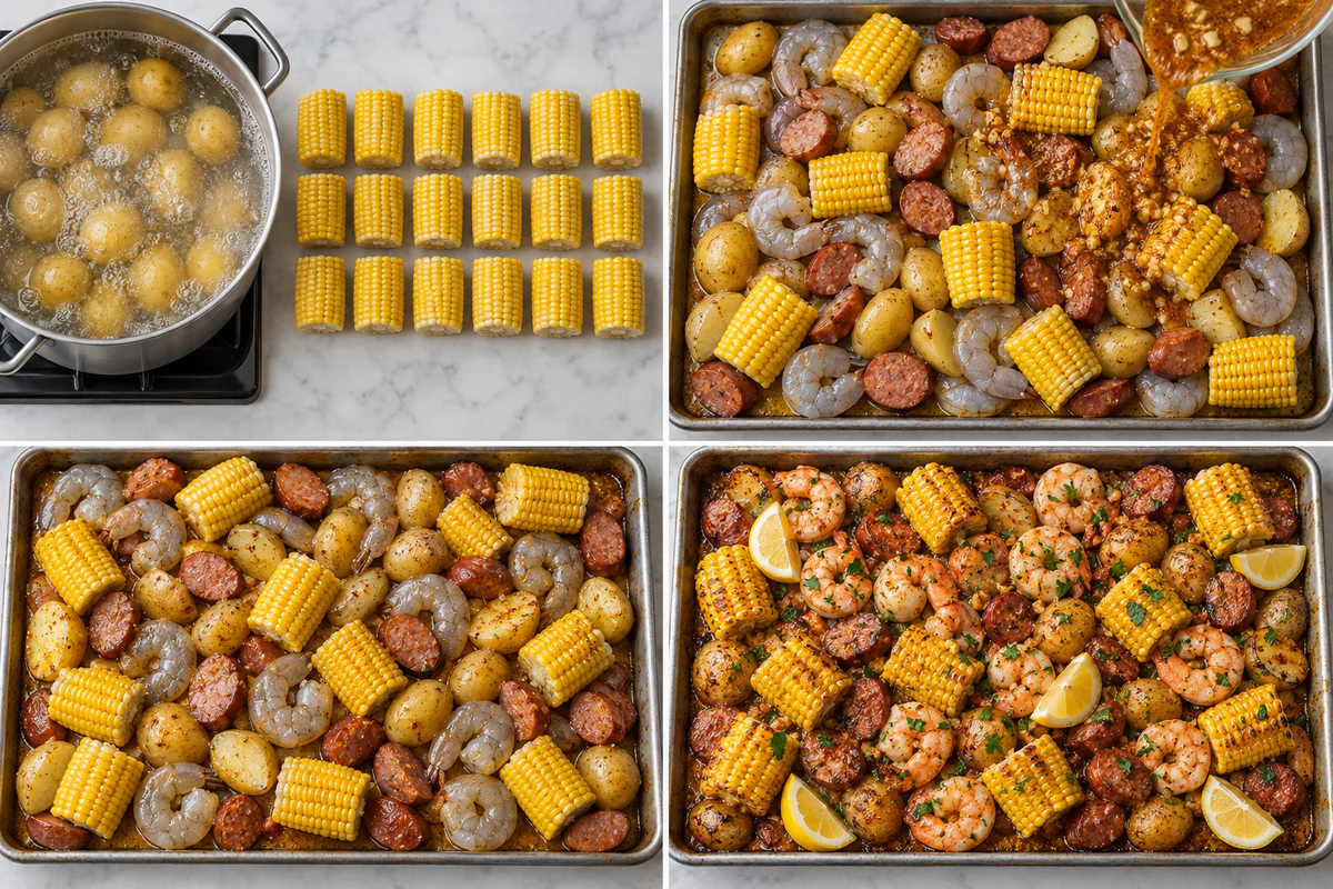 Four stages showing potatoes and eighteen corn pieces parboiled, shrimp and sausage seasoned on a sheet pan, baked, and finished