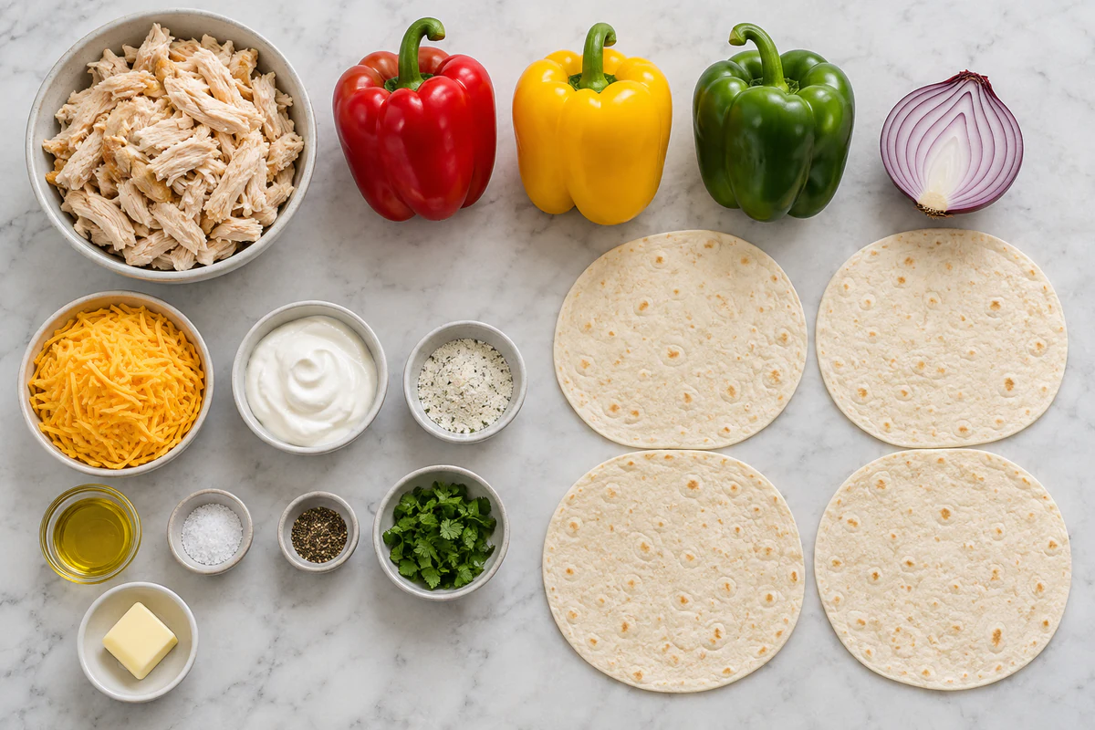 Shredded chicken, red yellow and green bell peppers, half red onion, four tortillas, cheddar, sour cream, ranch seasoning, olive oil, cilantro, and butter