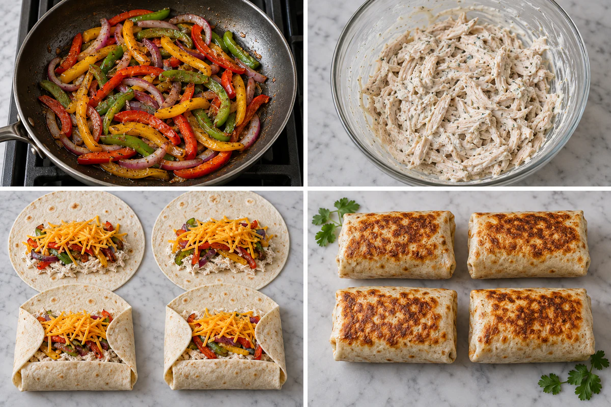 Four stages showing peppers sautéed, ranch chicken mixed, four burritos filled and folded, and four burritos grilled golden