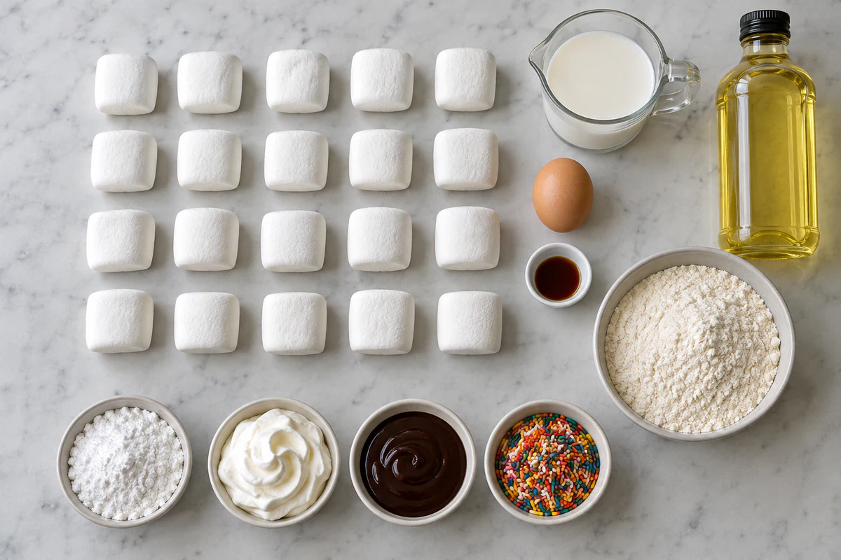 Twenty frozen marshmallows, whole milk, one egg, vanilla, buttermilk pancake mix, canola oil, and optional dessert toppings