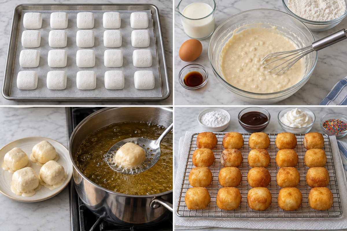 Four stages showing twenty marshmallows frozen, batter mixed, a five-piece batch coated and fried, and twenty golden marshmallows drained