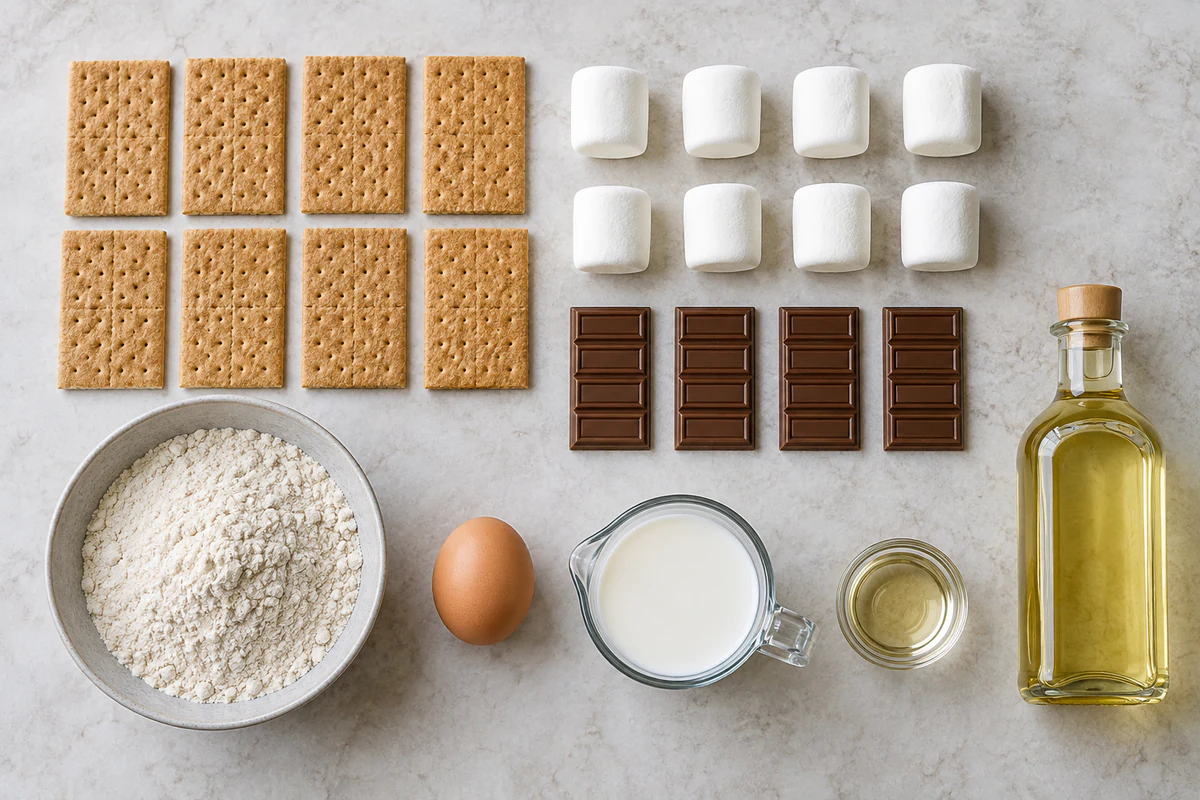 Eight graham cracker sheets, eight marshmallows, four chocolate bars, pancake mix, one egg, milk, vegetable oil, and frying oil