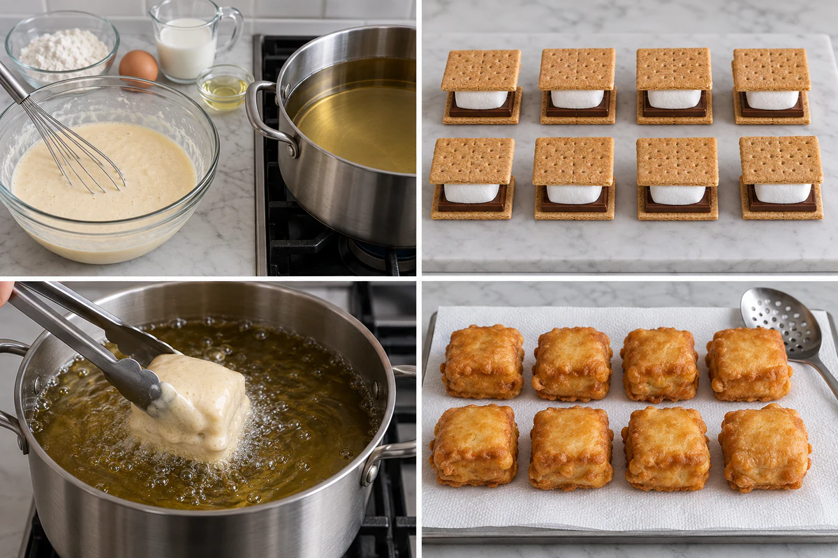 Four stages showing batter mixed, eight s'mores assembled, one coated and fried, and eight golden s'mores drained