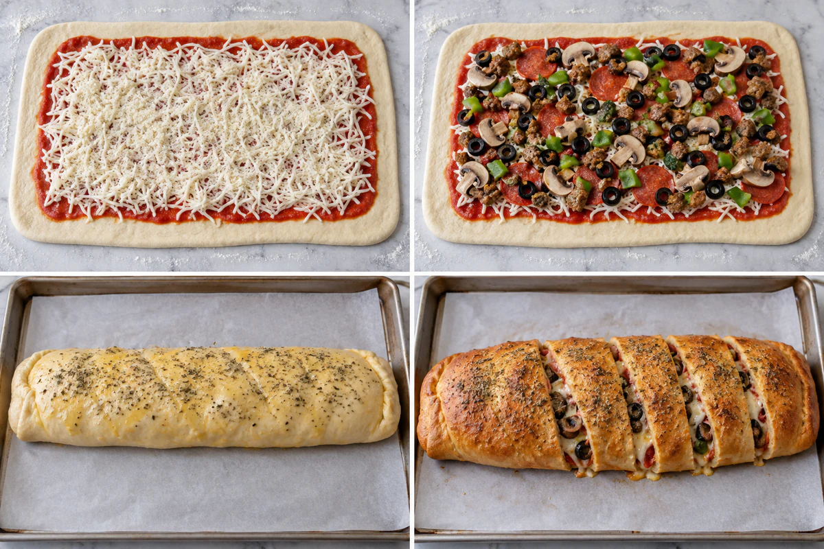 Four stages showing dough sauced and cheesed, fillings layered, one stromboli rolled and egg-washed, and the golden loaf sliced