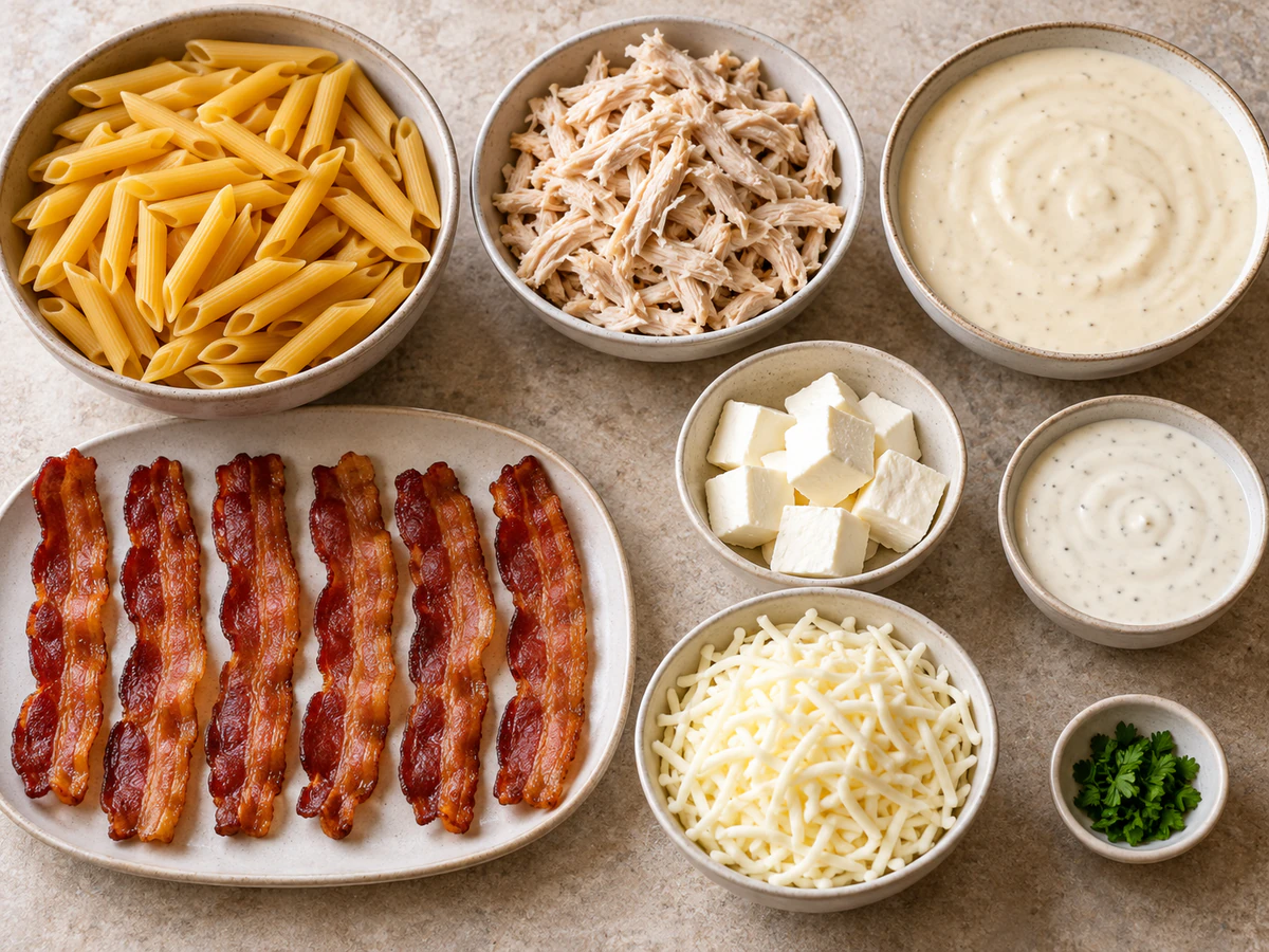 Exact measured ingredients for Chicken Bacon Ranch Pasta Bake