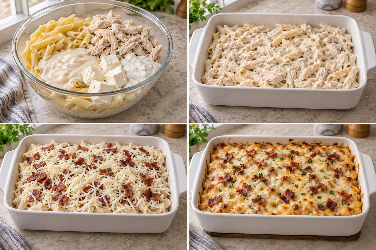 Four chronological preparation stages for Chicken Bacon Ranch Pasta Bake