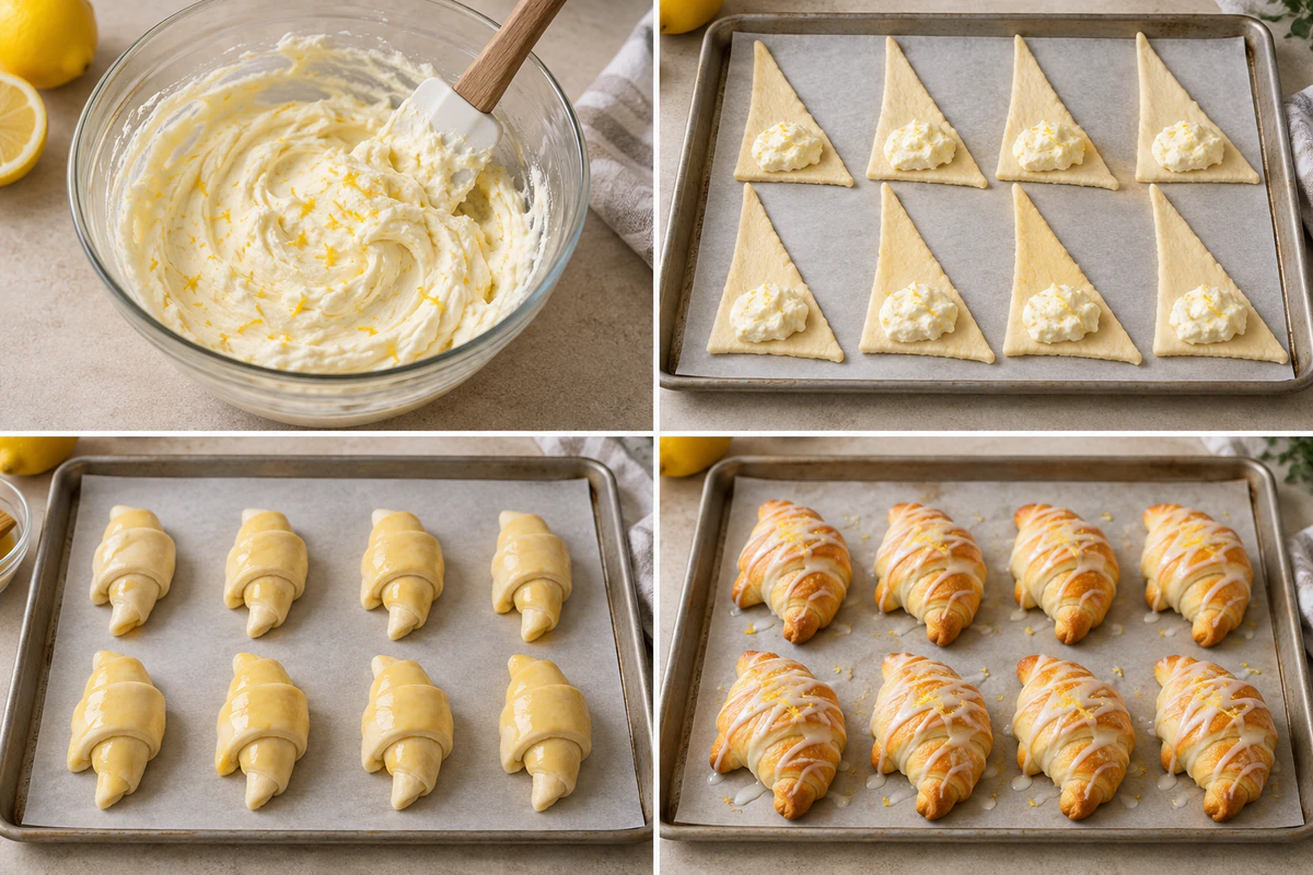 Four chronological preparation stages for Lemon Cheesecake Crescent Rolls