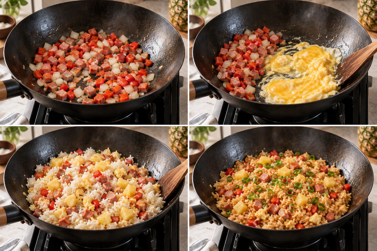 Four chronological preparation stages for Hawaiian Fried Rice