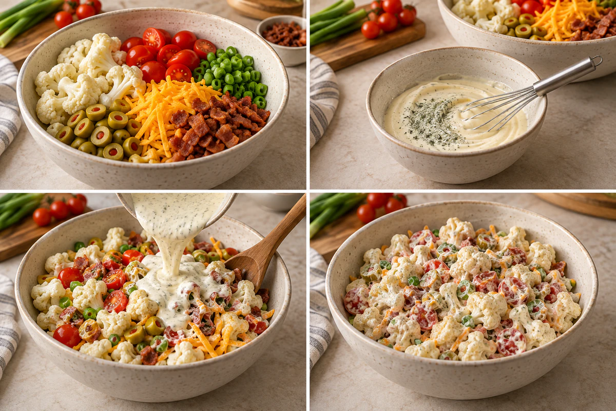 Four chronological preparation stages for Ranch Cauliflower Salad