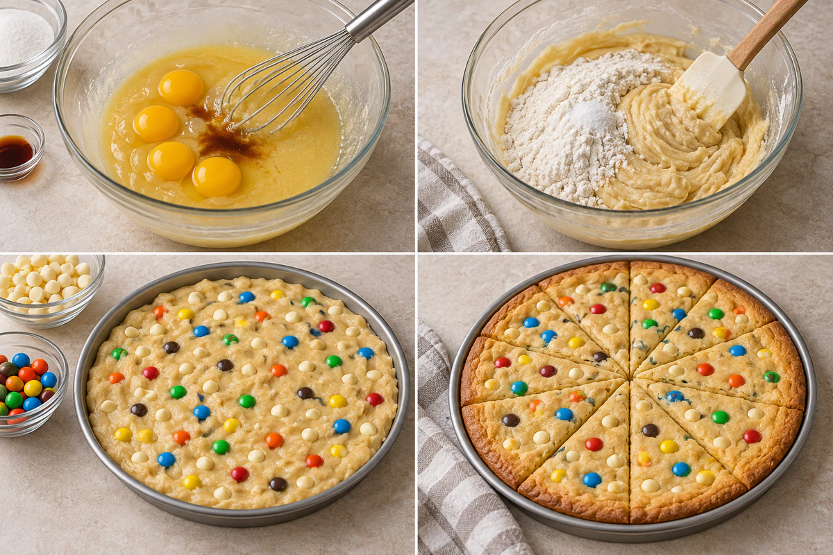 Four chronological preparation stages for White Chocolate Brownie Pizza