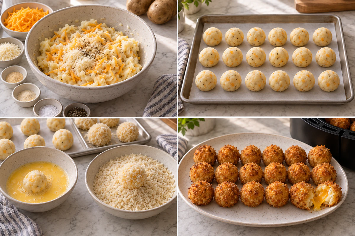 Four chronological preparation stages for Air Fryer Cheesy Mashed Potato Balls