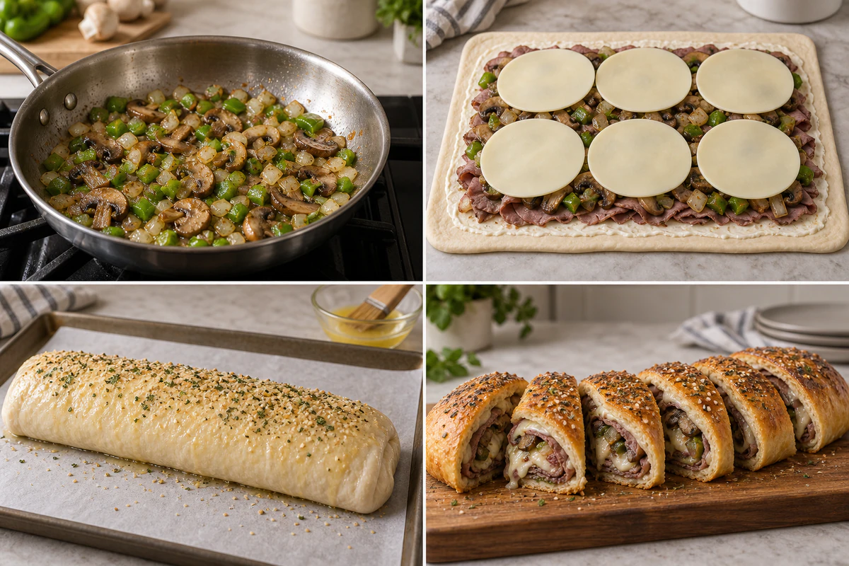 Four chronological preparation stages for Philly Cheesesteak Stromboli