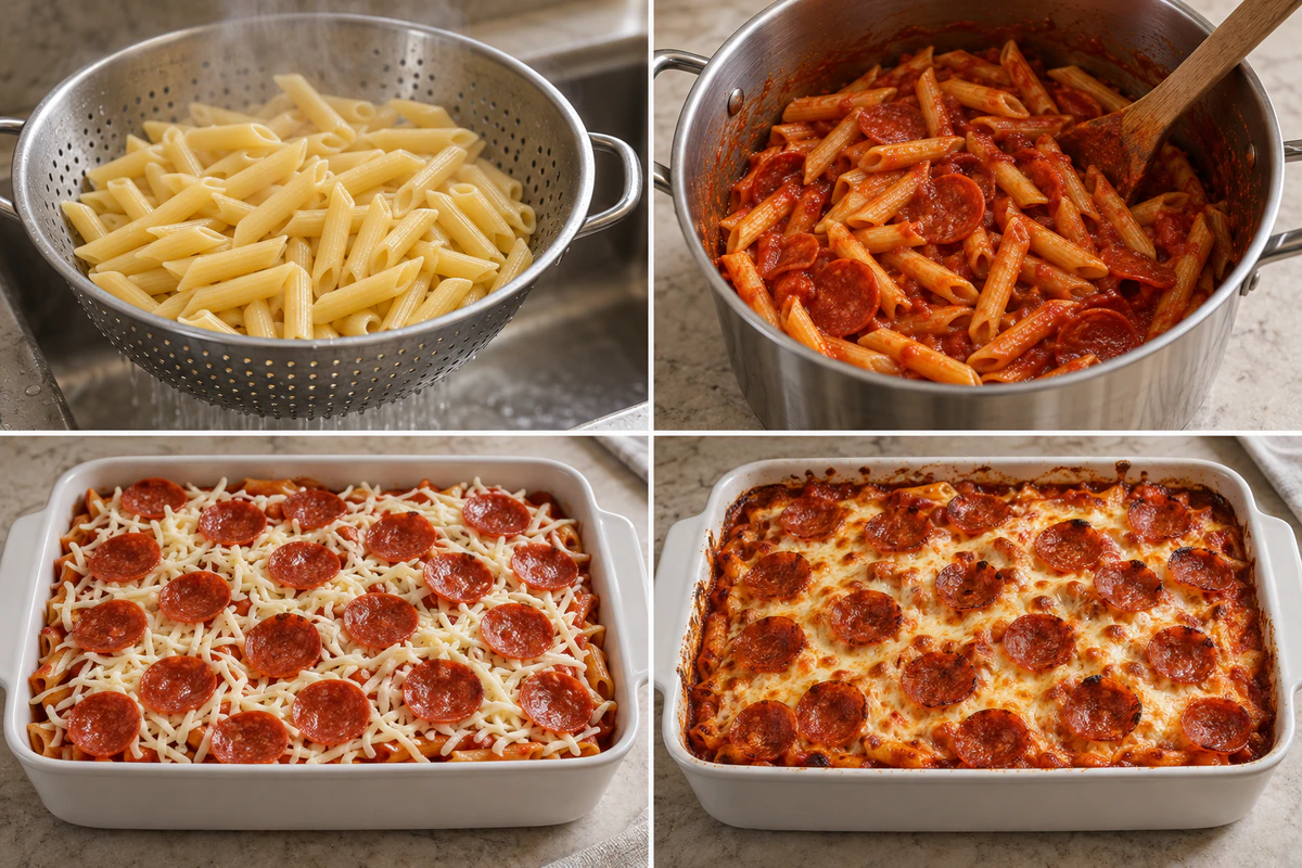 Four chronological preparation stages for Pizza Pasta Bake