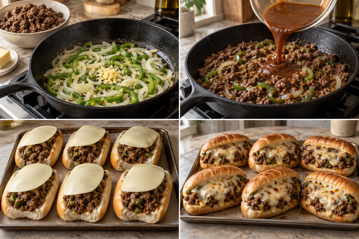 Four chronological preparation stages for Philly Cheese Steak Sloppy Joes
