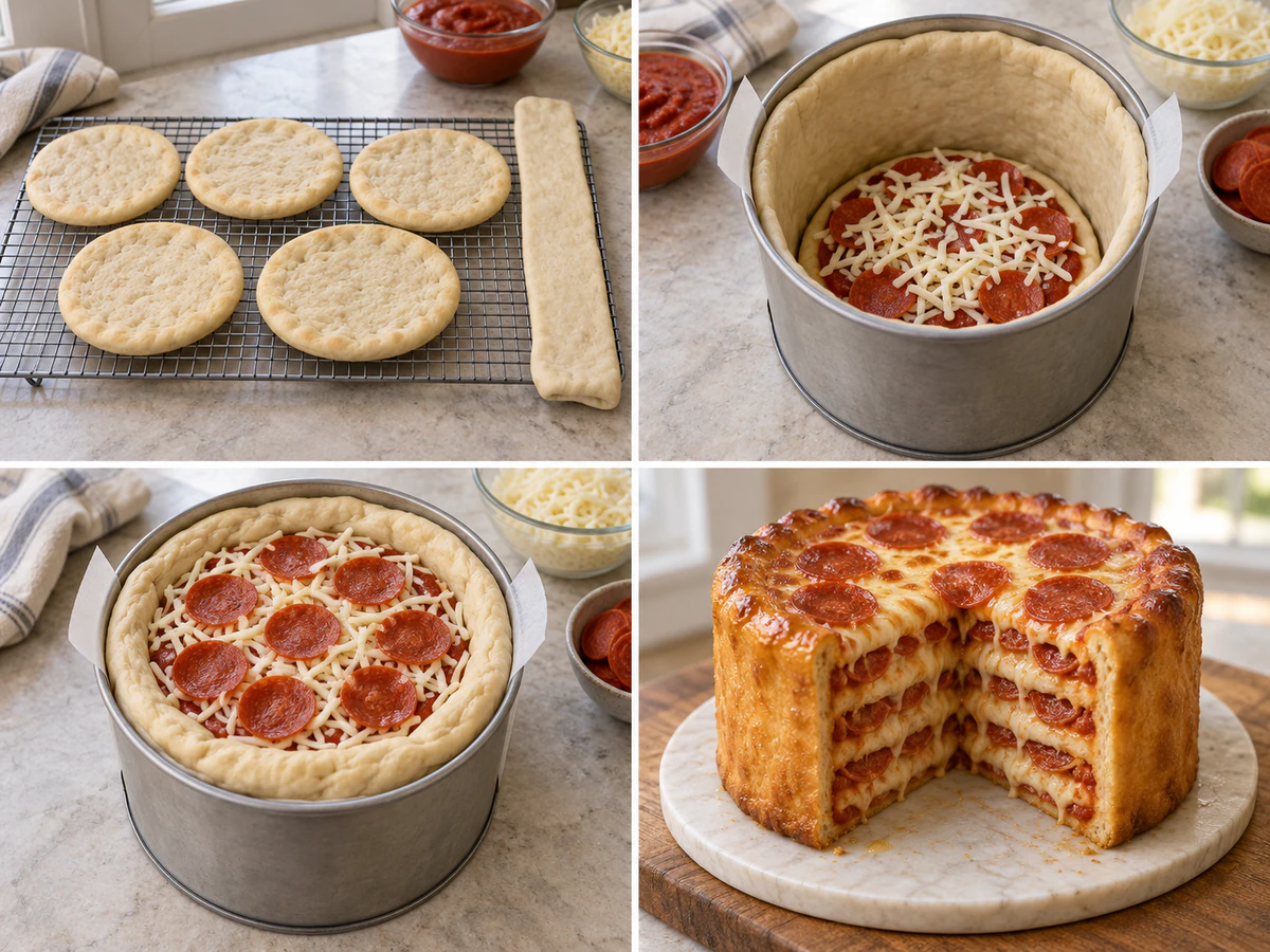 Four chronological preparation stages for Pizza Cake