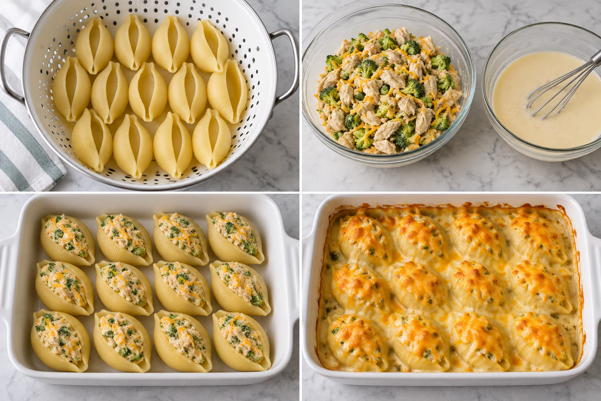 Four chronological preparation stages for Cheesy Chicken & Broccoli Stuffed Shells