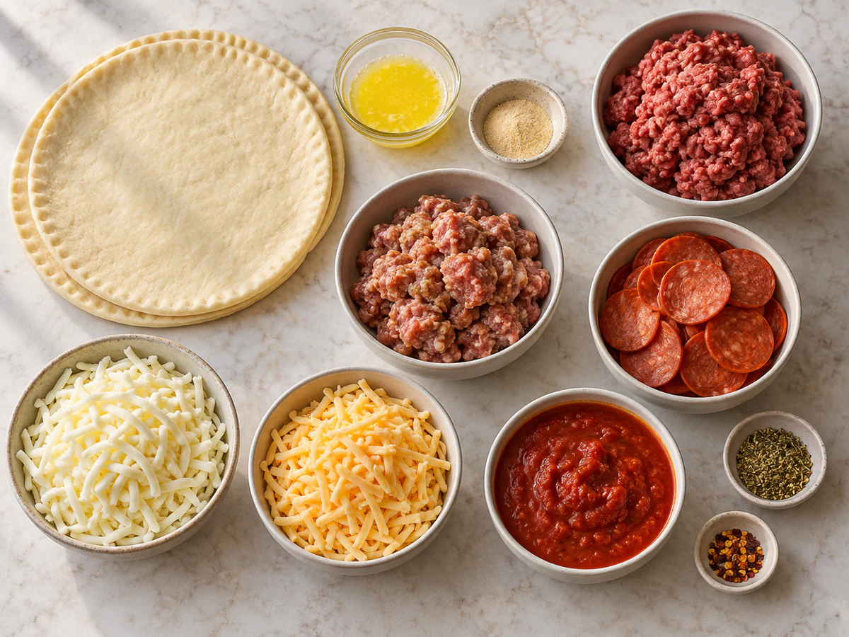 Exact measured ingredients for Deep Hamburger, Sausage & Pepperoni Pie