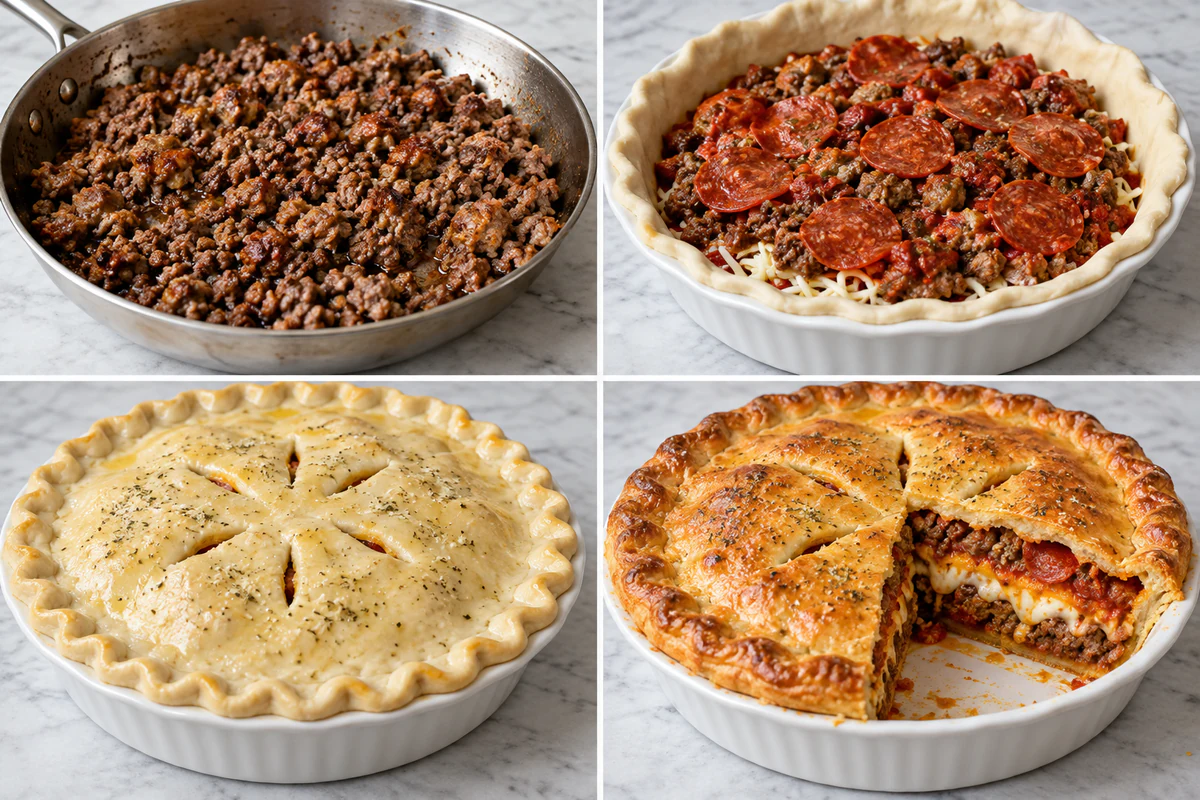Four chronological preparation stages for Deep Hamburger, Sausage & Pepperoni Pie