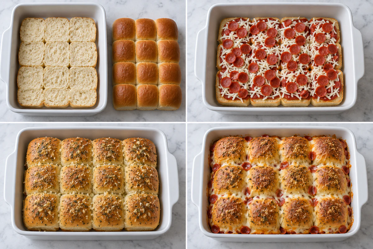 Four chronological preparation stages for Pepperoni Pizza Sliders