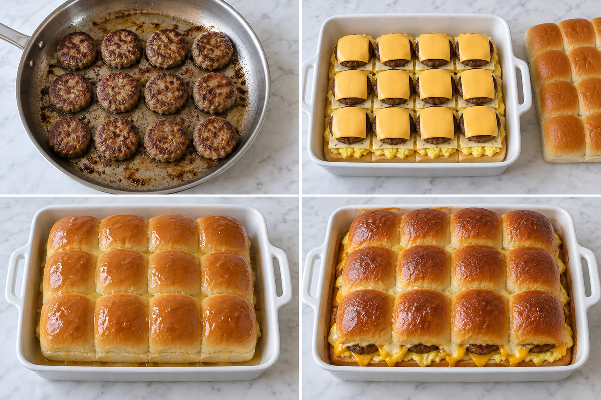 Four chronological preparation stages for Sausage Egg and Cheese Breakfast Sliders