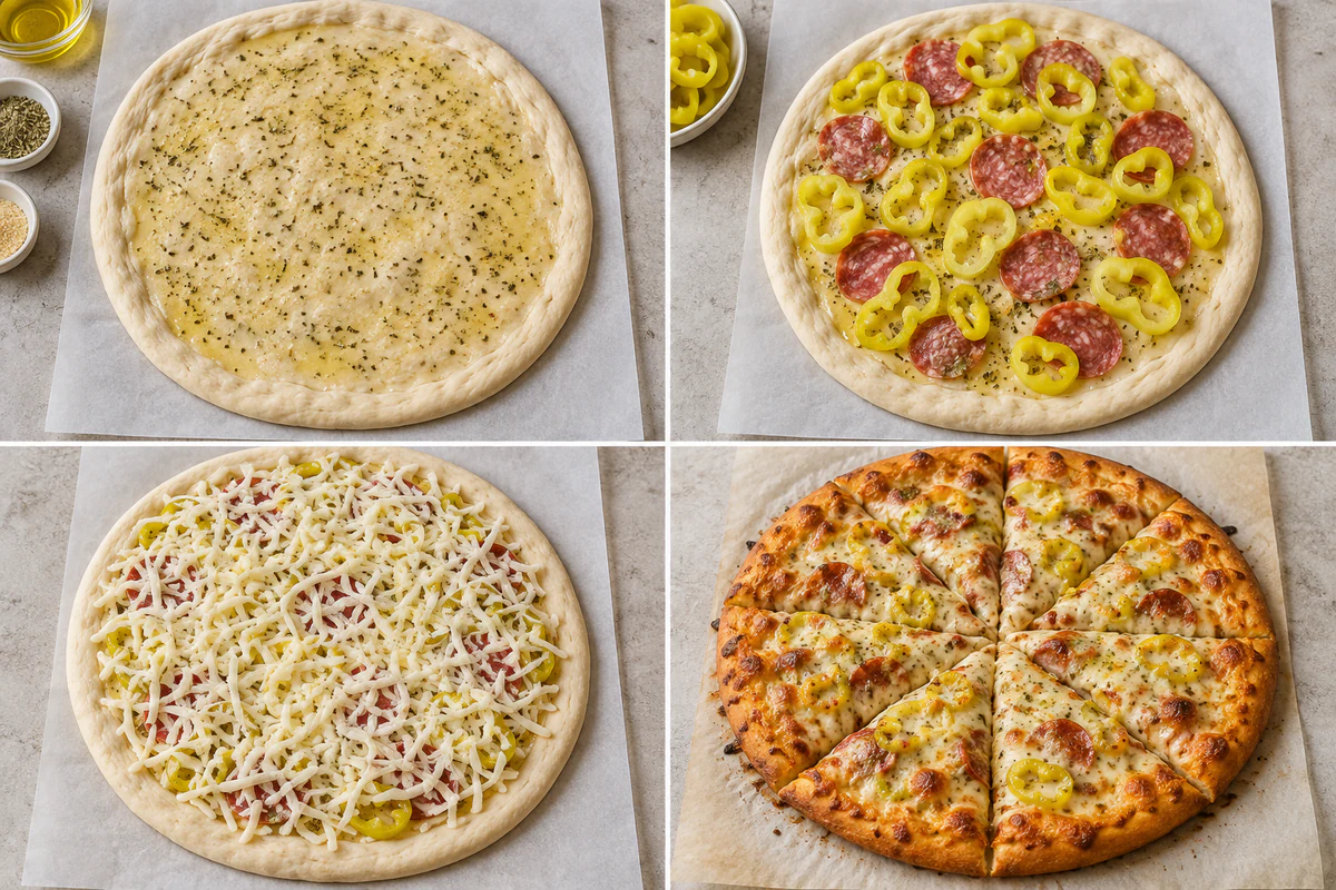 Four chronological preparation stages for White Banana Pepper Pizza