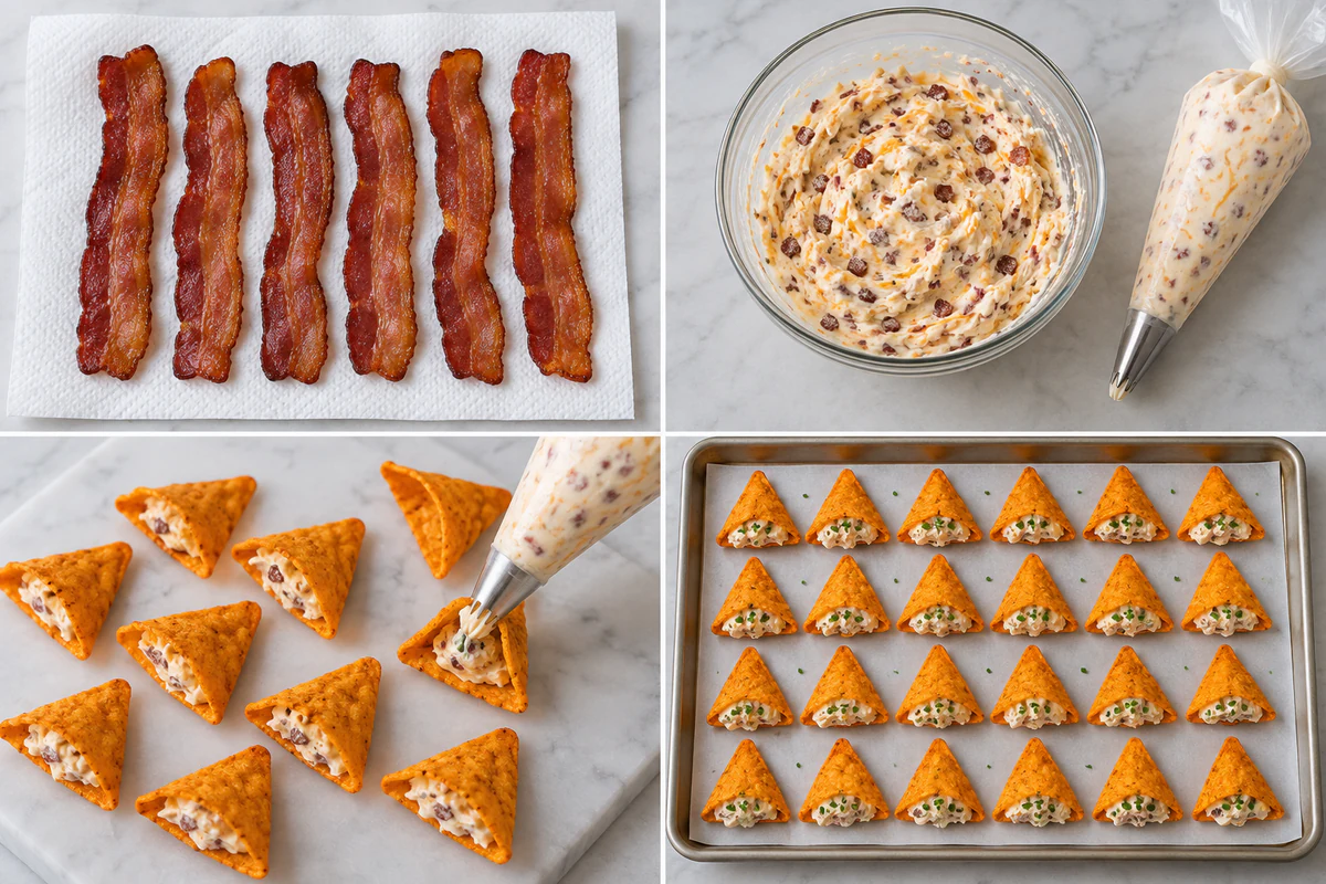 Four chronological preparation stages for Cream Cheese and Bacon Stuffed Doritos
