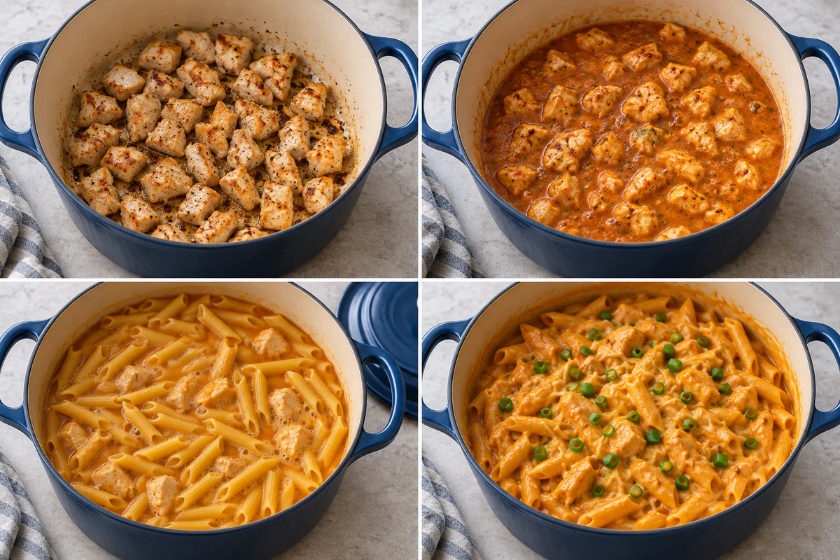 Four chronological preparation stages for One-Pot Buffalo Ranch Chicken Penne
