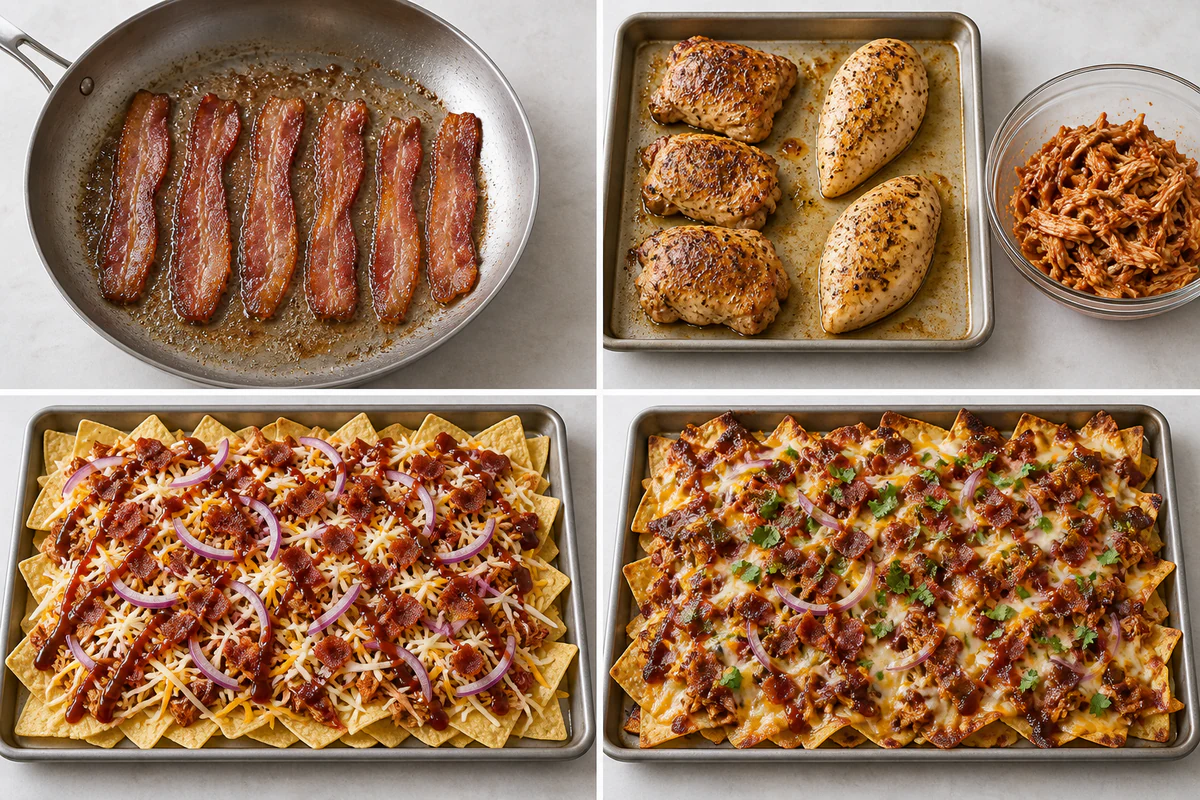Four chronological preparation stages for Sheet Pan BBQ Chicken Nachos