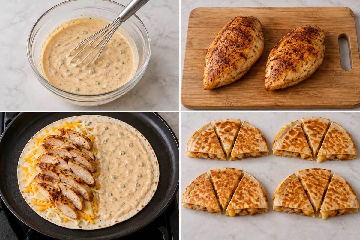 Four chronological preparation stages for Taco Bell Chicken Quesadilla