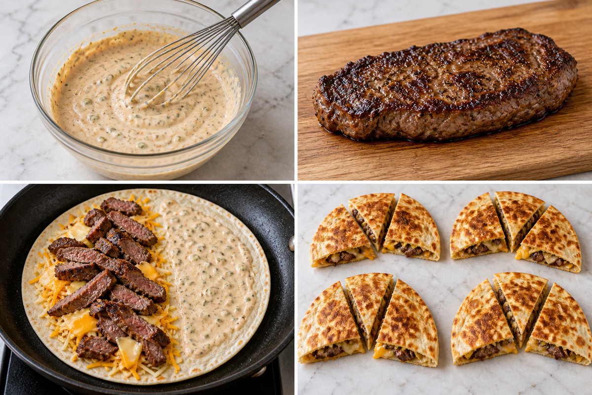 Four chronological preparation stages for Taco Bell Steak Quesadilla