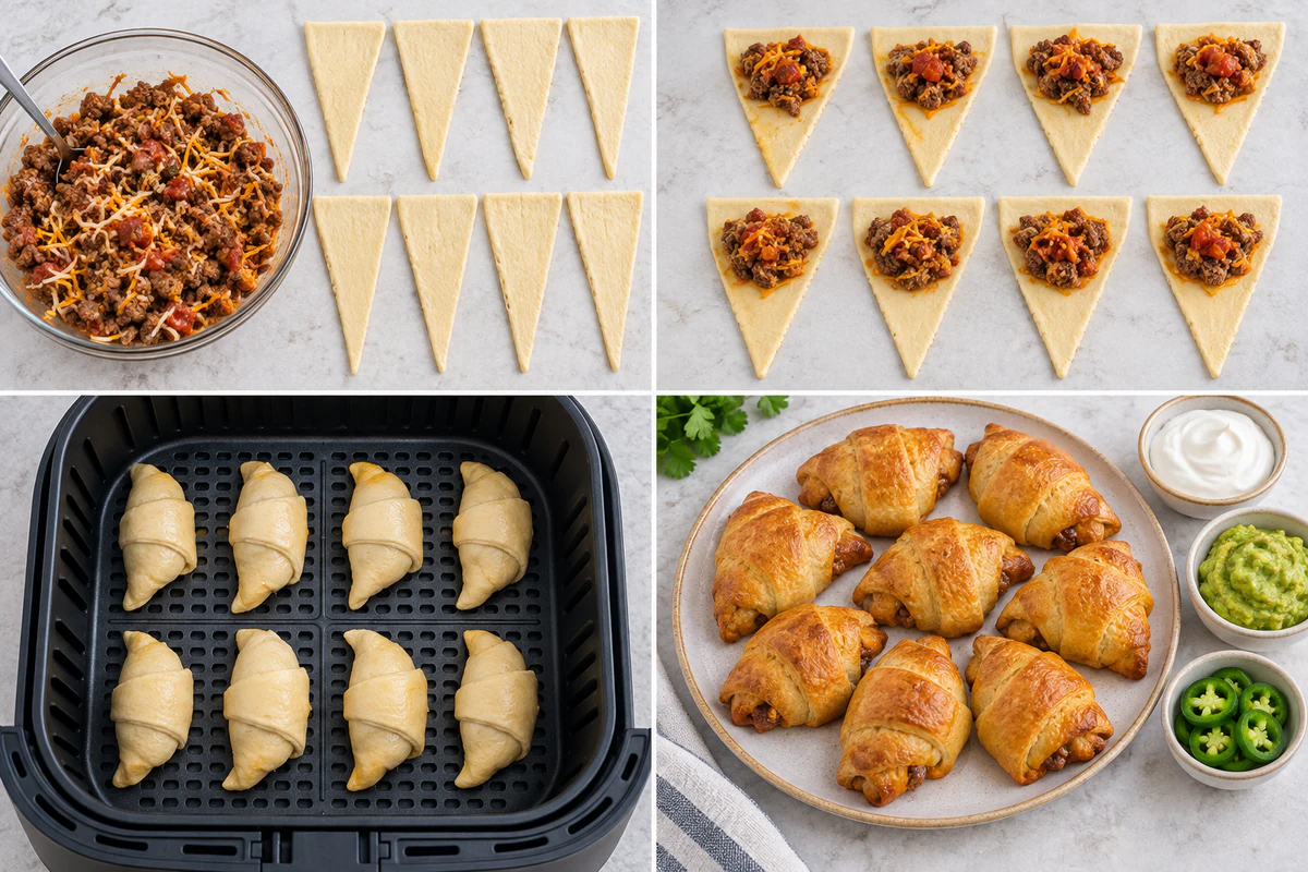 Four chronological preparation stages for Air Fryer Cheesy Taco Bombs