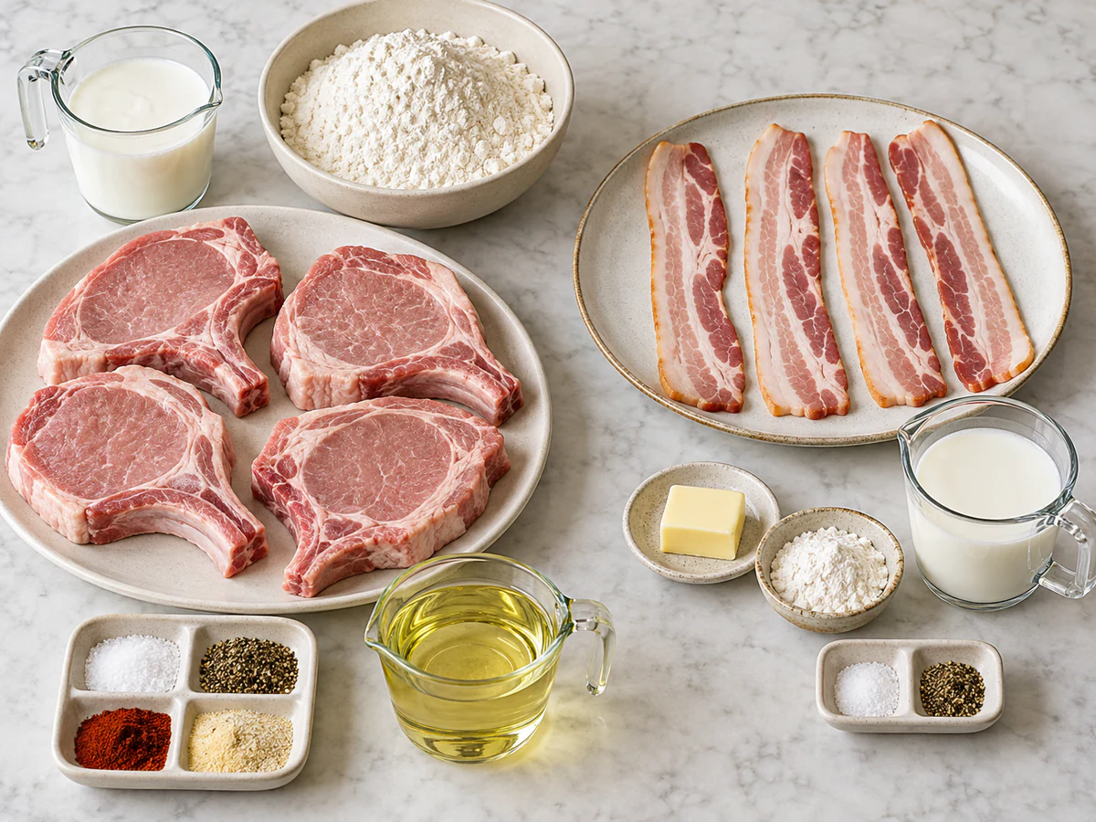 Exact measured ingredients for Country Fried Pork Chops with Bacon Gravy
