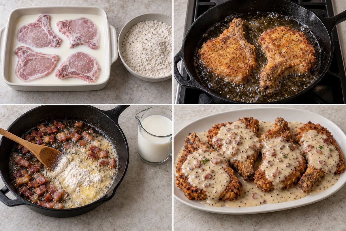 Four chronological preparation stages for Country Fried Pork Chops with Bacon Gravy