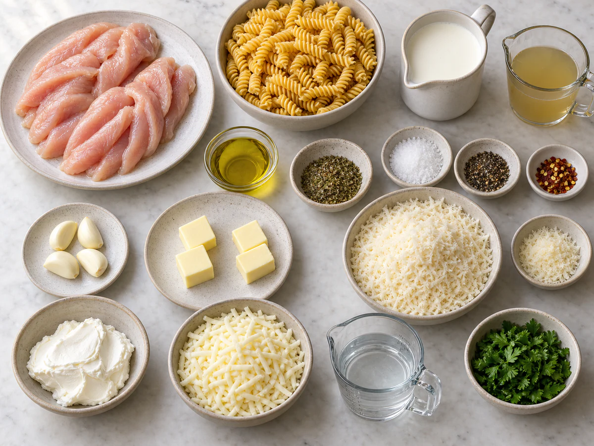 Exact measured ingredients for Creamy Garlic Parmesan Chicken & Cheesy Twisted Pasta