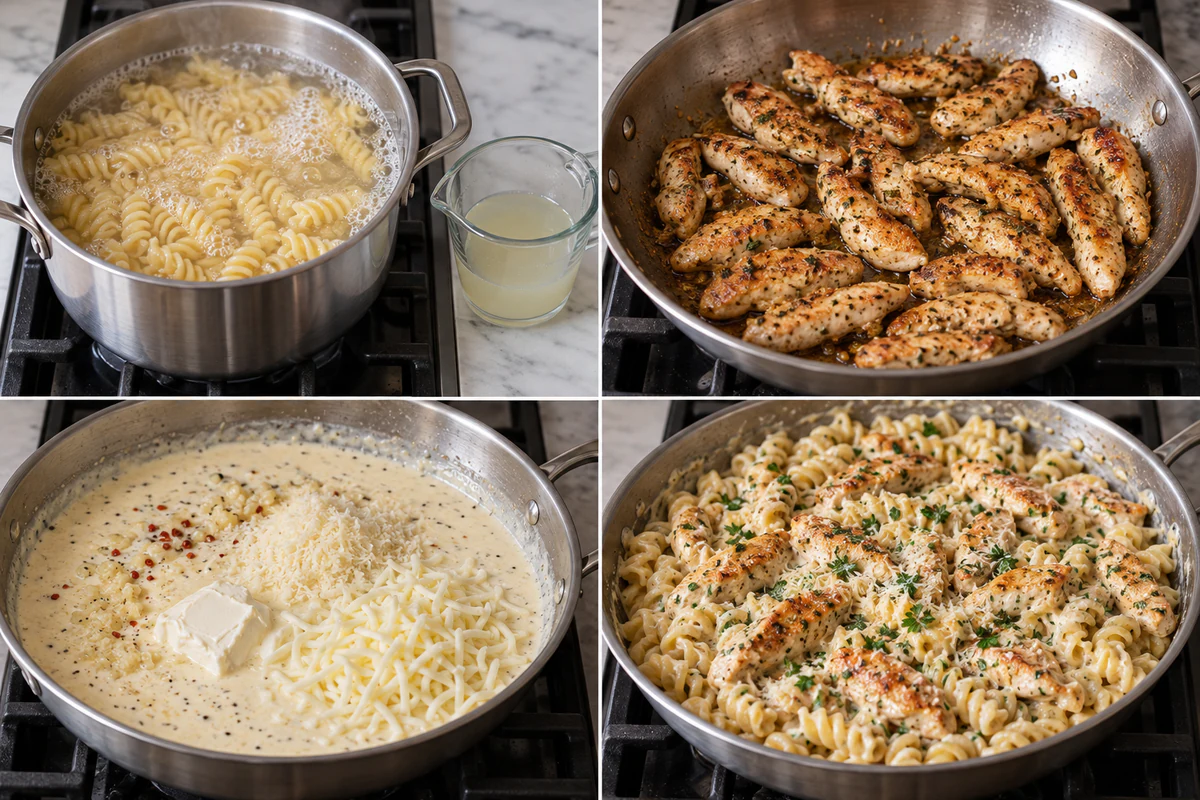 Four chronological preparation stages for Creamy Garlic Parmesan Chicken & Cheesy Twisted Pasta