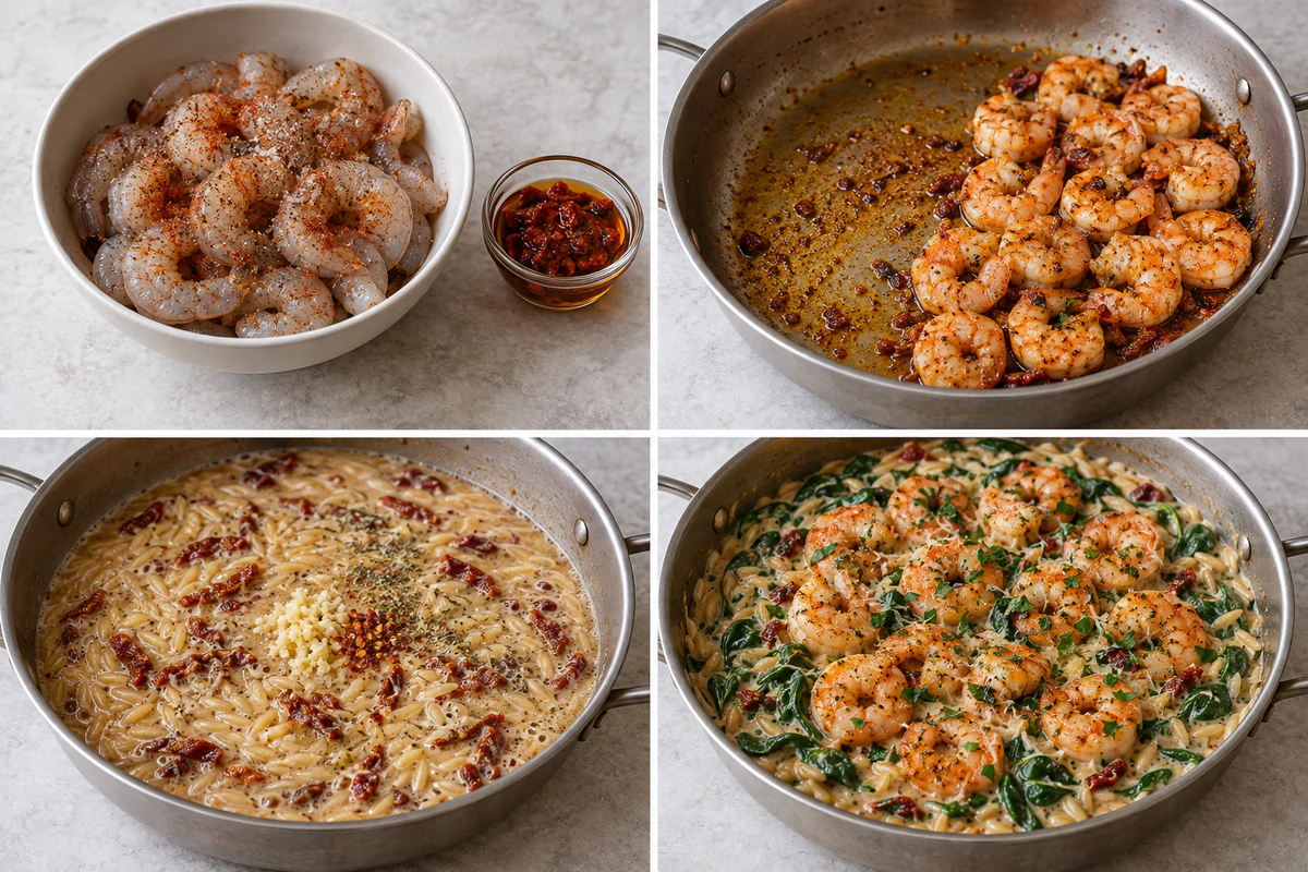 Four chronological preparation stages for One Pot Marry Me Shrimp and Orzo Pasta