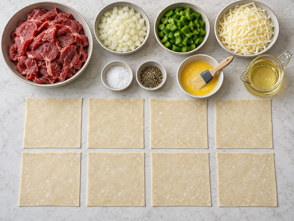 Exact measured ingredients for Philly Cheesesteak Egg Rolls